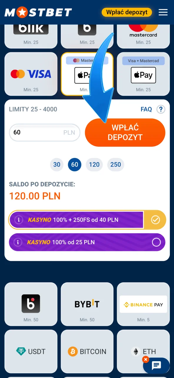 Otwórz kasę w Mostbet i wykonaj transakcję depozytową.