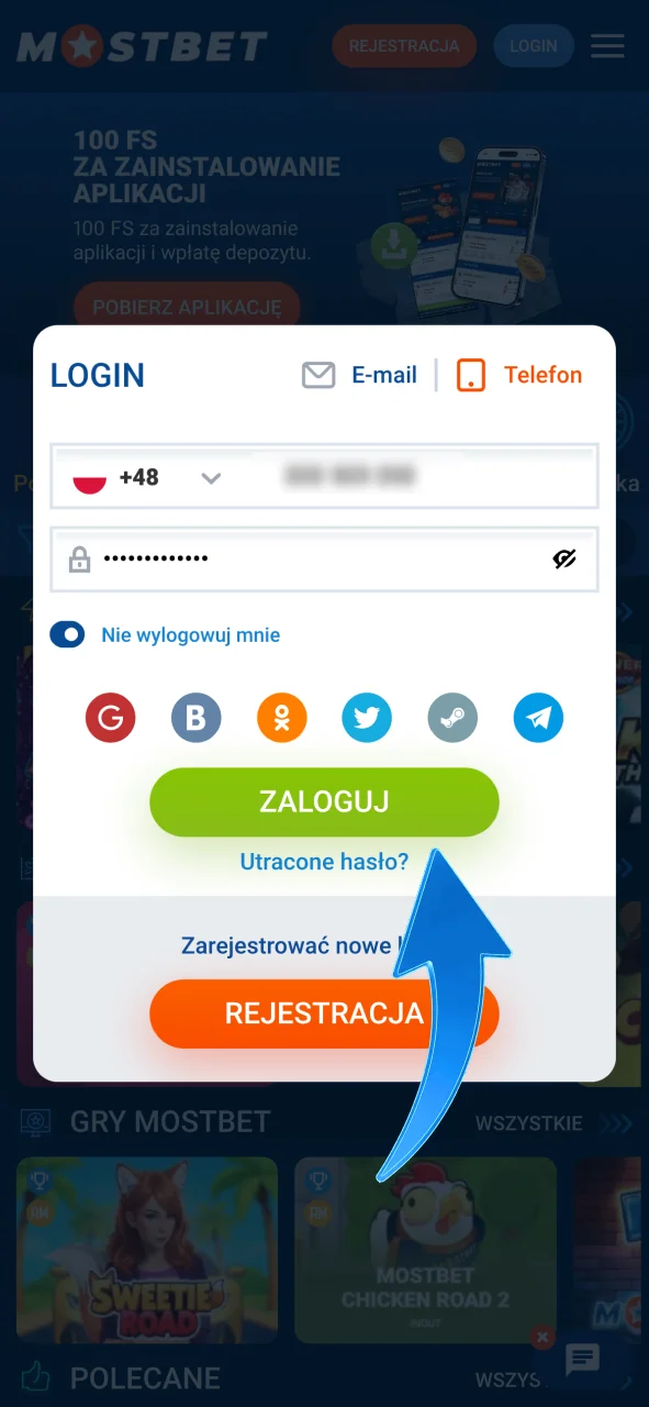 Kliknij zielony przycisk i zaloguj się do Mostbet Polska.