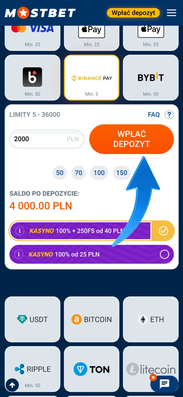 Potwierdź płatność i zasilić swoje konto w Mostbet Polska.